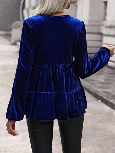 V-Neck Balloon Sleeve Peplum Blouse - Body By J'ne