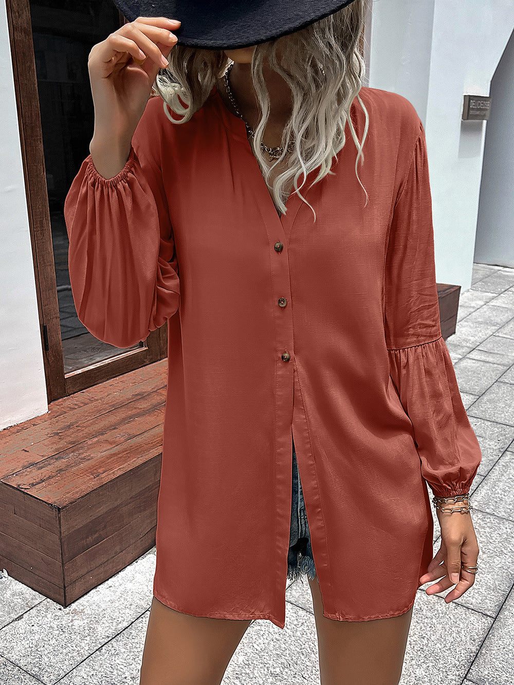 Notched Neck Balloon Sleeve Shirt - Body By J'ne