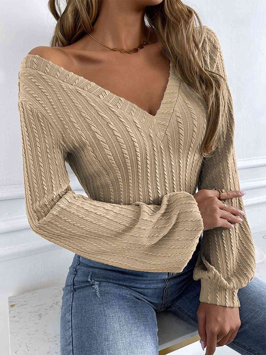 Elise Ribbed V-Neck Lantern Sleeve Top - Body By J'ne