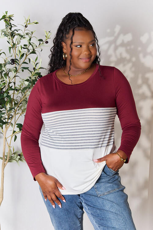 Full Size Striped Contrast Long Sleeve Blouse - Body By J'ne