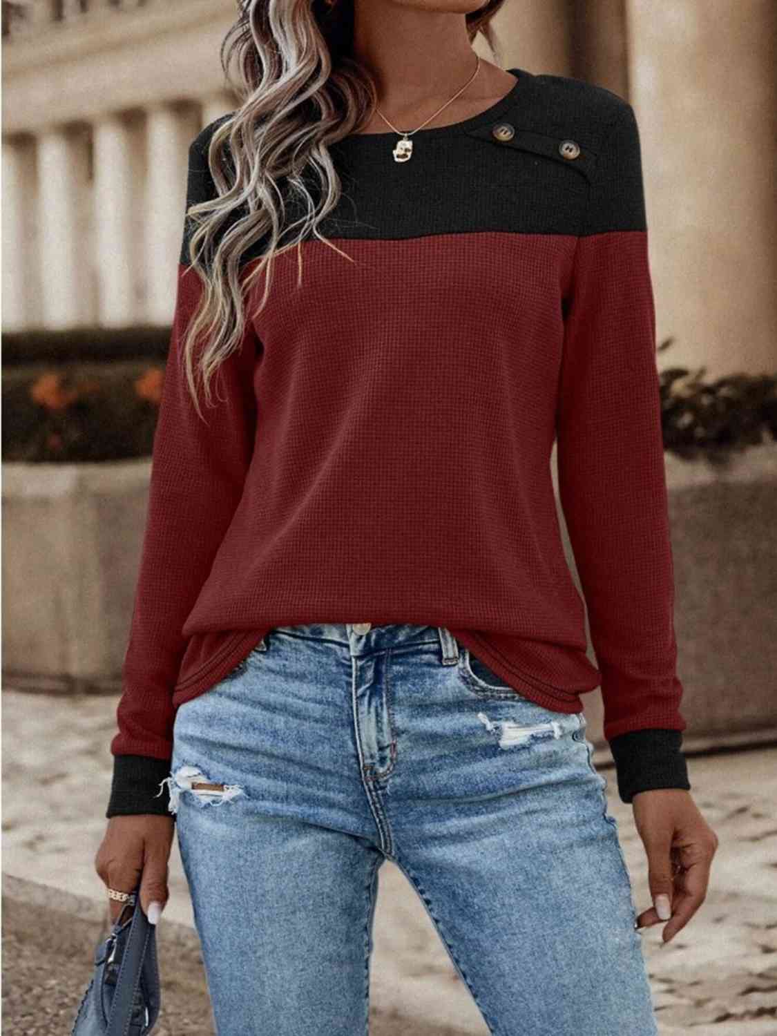 Contrast Buttoned Round Neck Long Sleeve T-Shirt - Body By J'ne