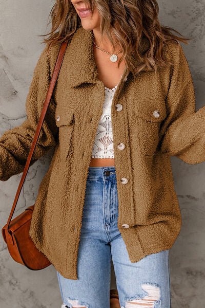 Fuzzy Button Up Pocketed Jacket - Body By J'ne