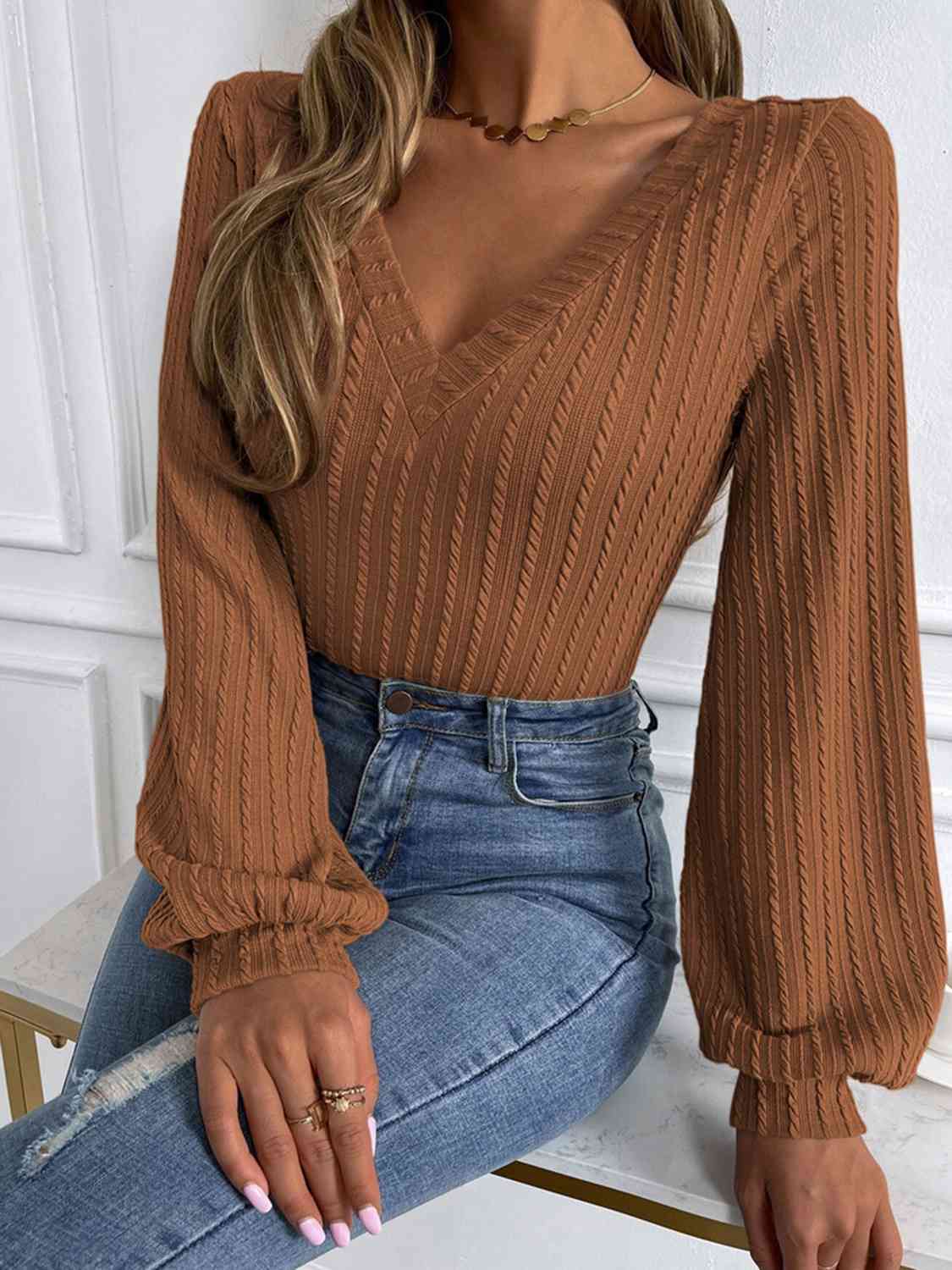 Elise Ribbed V-Neck Lantern Sleeve Top - Body By J'ne