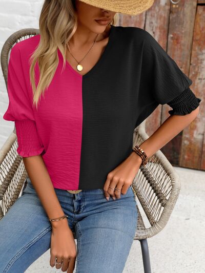 Contrast V-Neck Lantern Sleeve Blouse - Body By J'ne