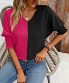 Contrast V-Neck Lantern Sleeve Blouse - Body By J'ne