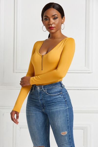 Half Zip Scoop Neck Long Sleeve Bodysuit - Body By J'ne