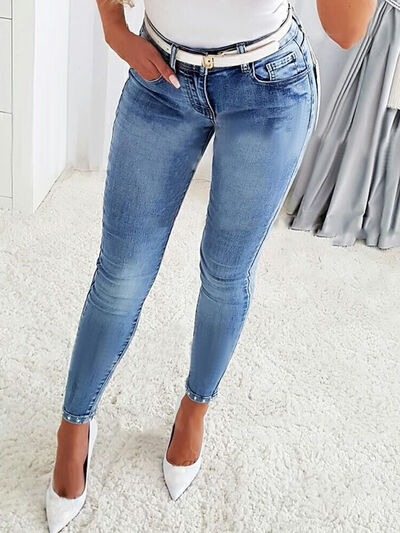 Rhinestone Detail Buttoned Jeans with Pockets - Body By J'ne