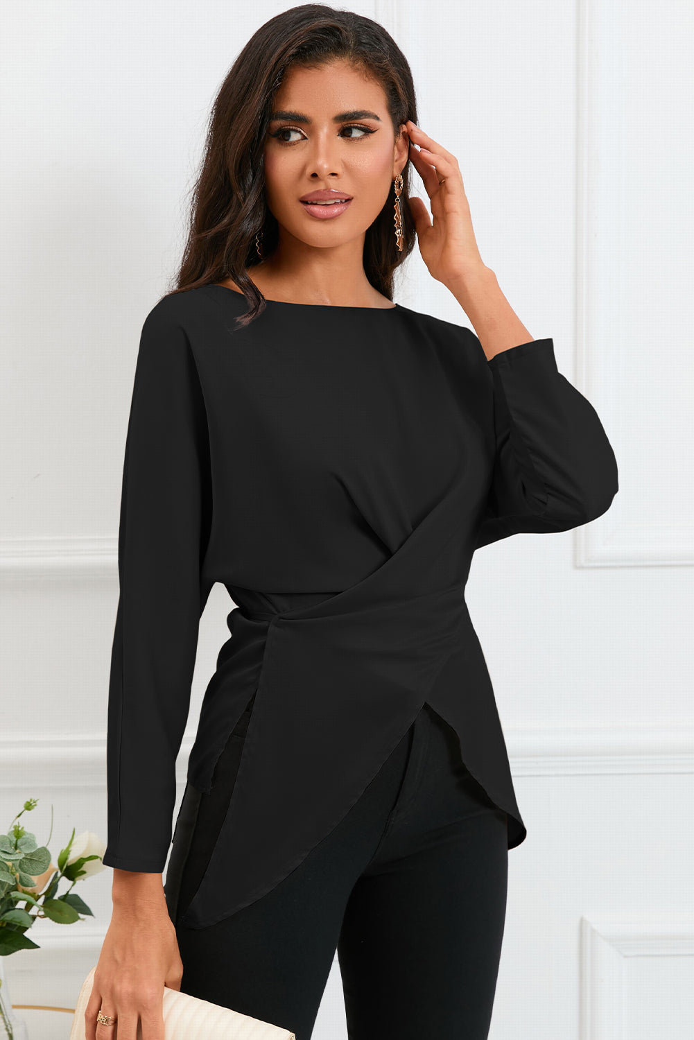 Boat Neck Back Tie Long Sleeve Satin Blouse - Body By J'ne