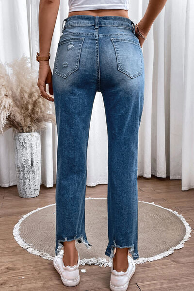 Distressed Raw Hem Straight Jeans - Body By J'ne