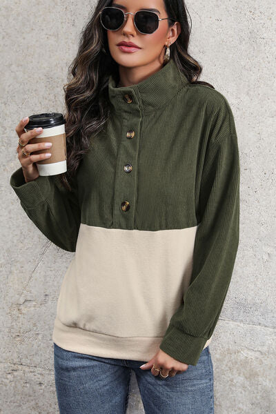 Ribbed Color Block Half Button Sweatshirt - Body By J'ne