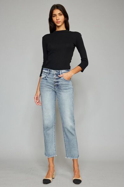 Kancan High Waist Button Fly Raw Hem Cropped Straight Jeans - Body By J'ne