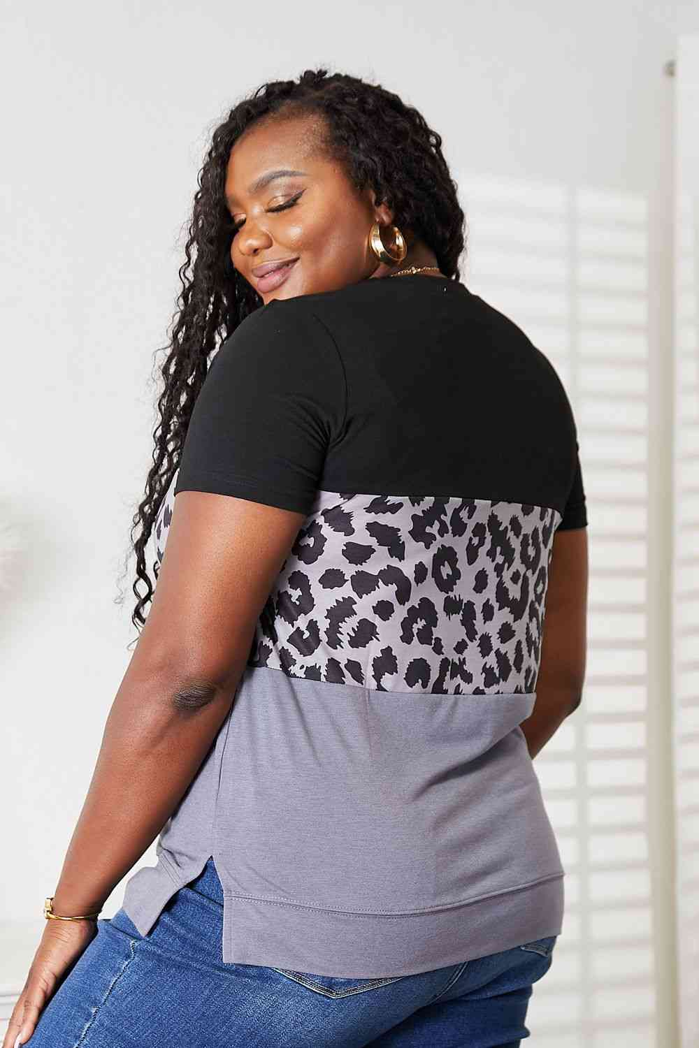 Leopard Print Color Block Short Sleeve T-Shirt - Body By J'ne