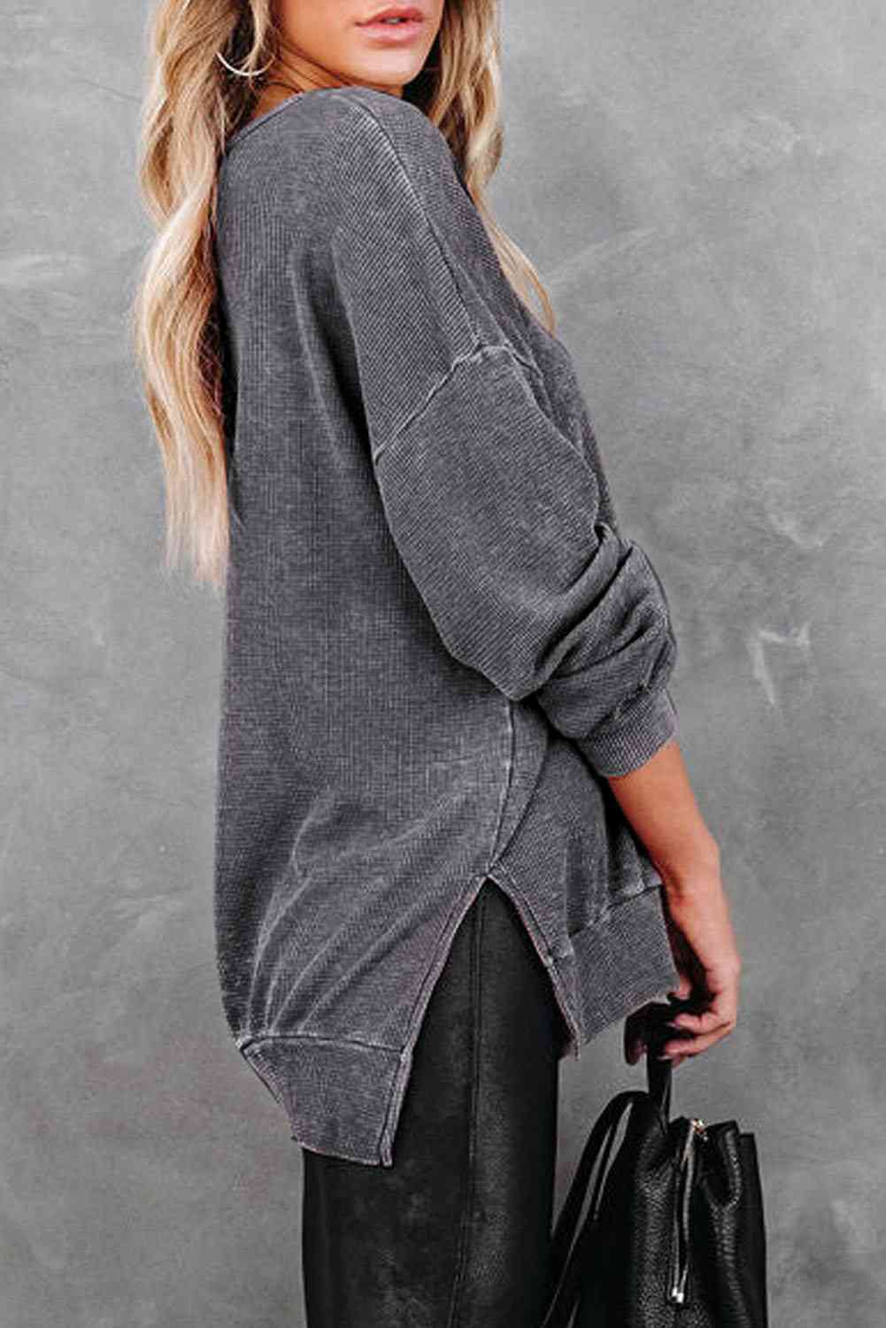 Waffle Knit Side Slit Drop Shoulder Sweatshirt - Body By J'ne