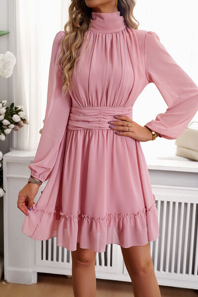 Frill Ruched Mock Neck Balloon Sleeve Dress - Body By J'ne