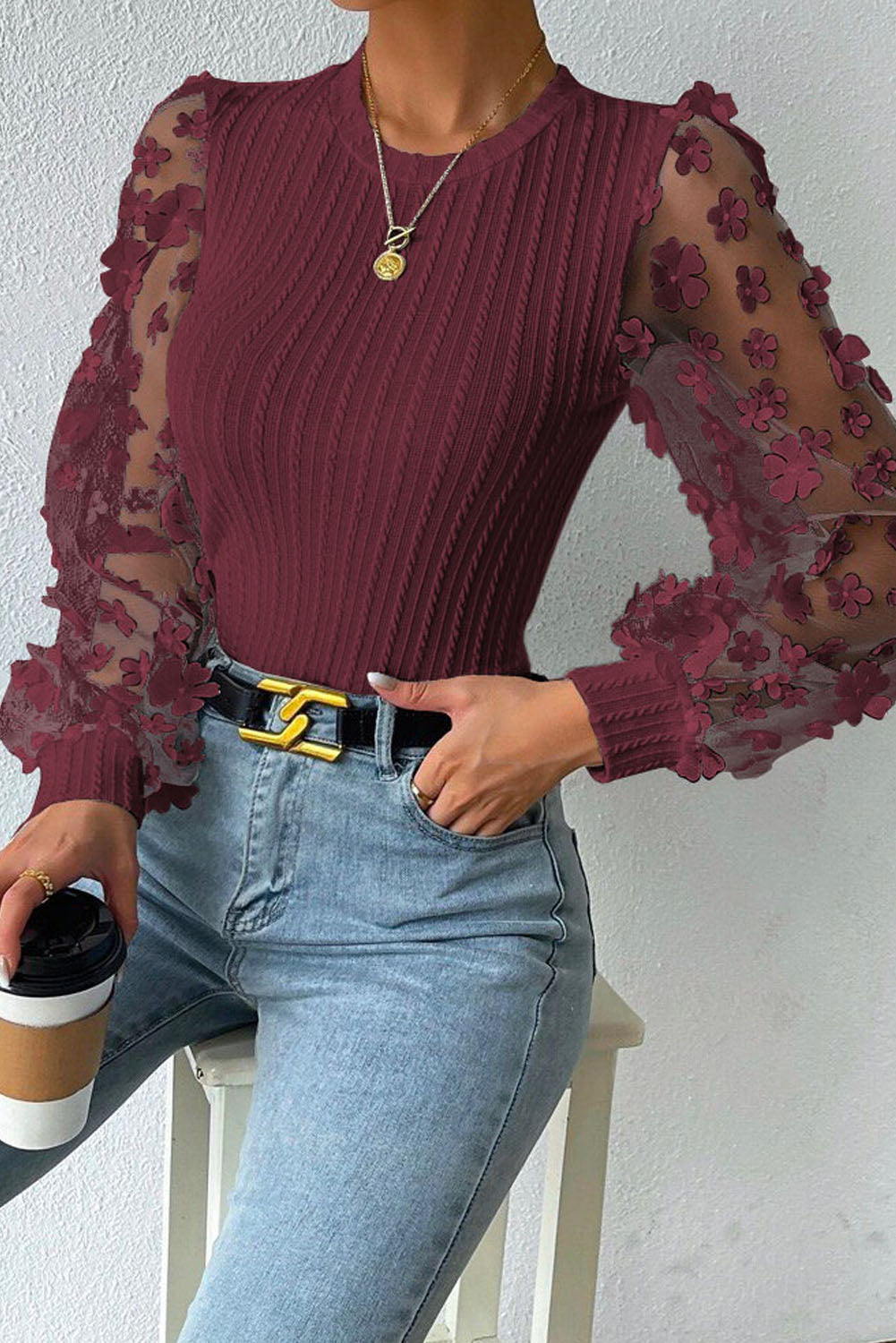 Textured Applique Long Sleeve Blouse - Body By J'ne