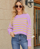 Round Neck Striped Lantern Sleeve Sweater - Body By J'ne