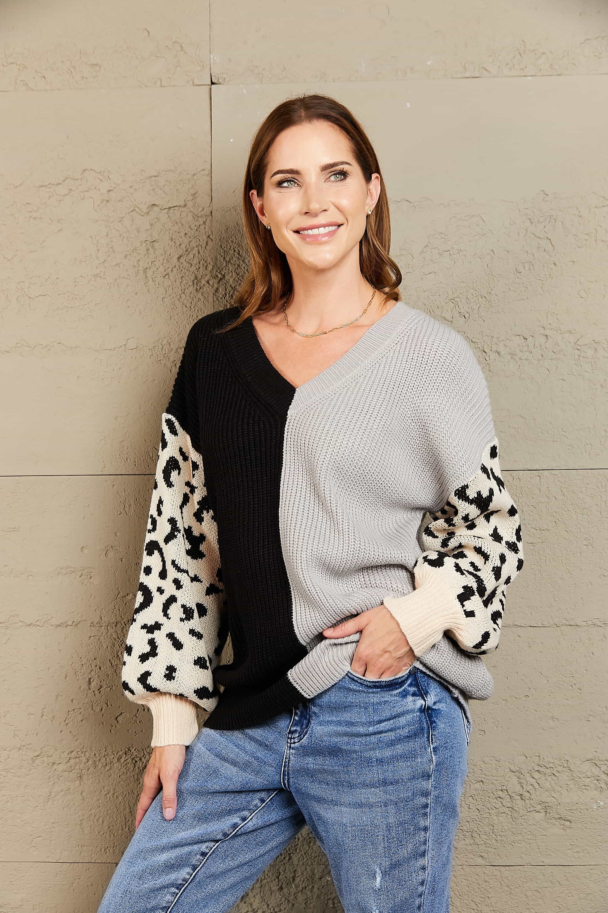 Leopard Color Block V-Neck Tunic Pullover Sweater - Body By J'ne