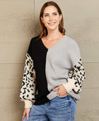 Leopard Color Block V-Neck Tunic Pullover Sweater - Body By J'ne