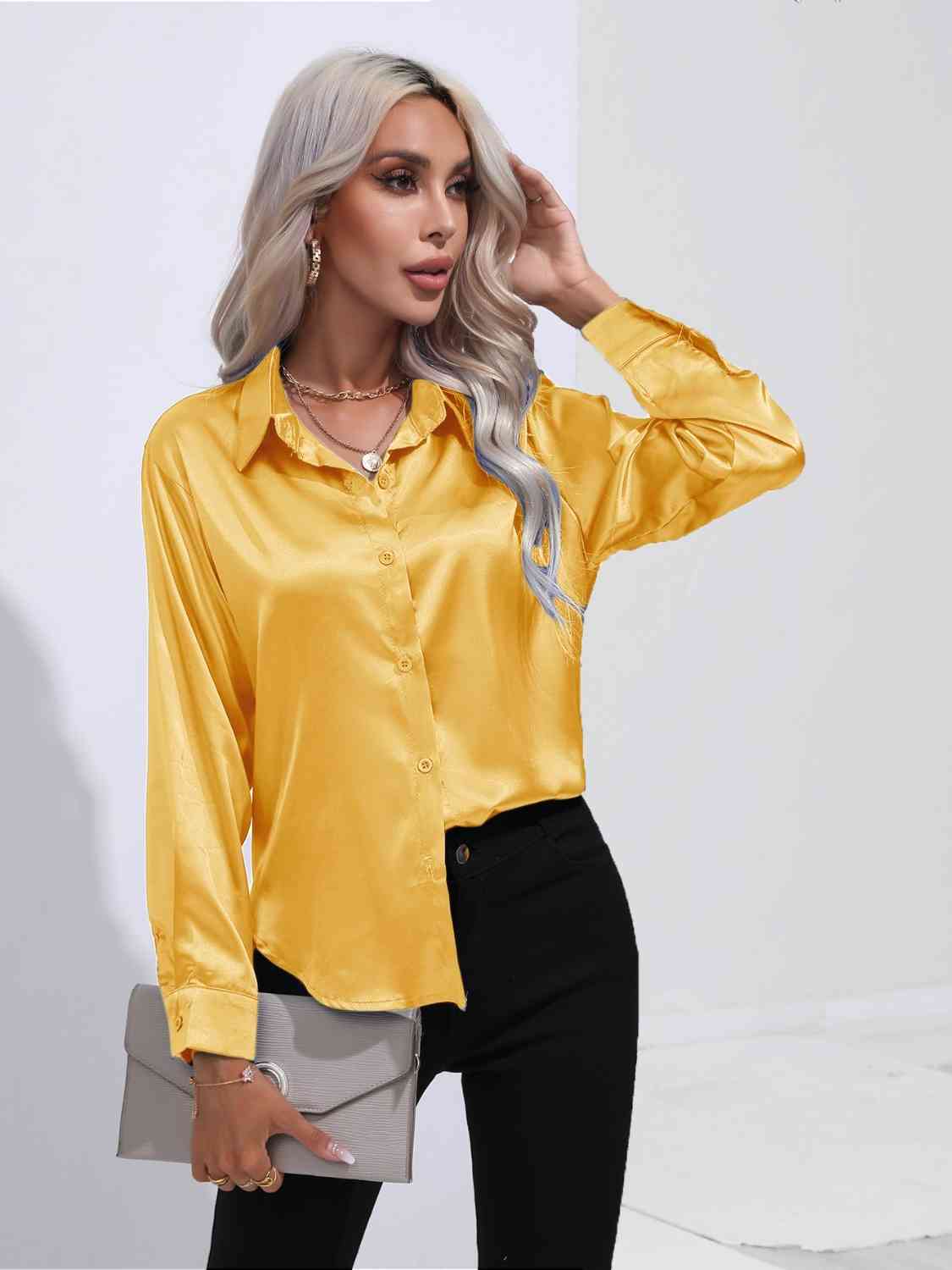 Collared Neck Buttoned Long Sleeve Shirt - Body By J'ne