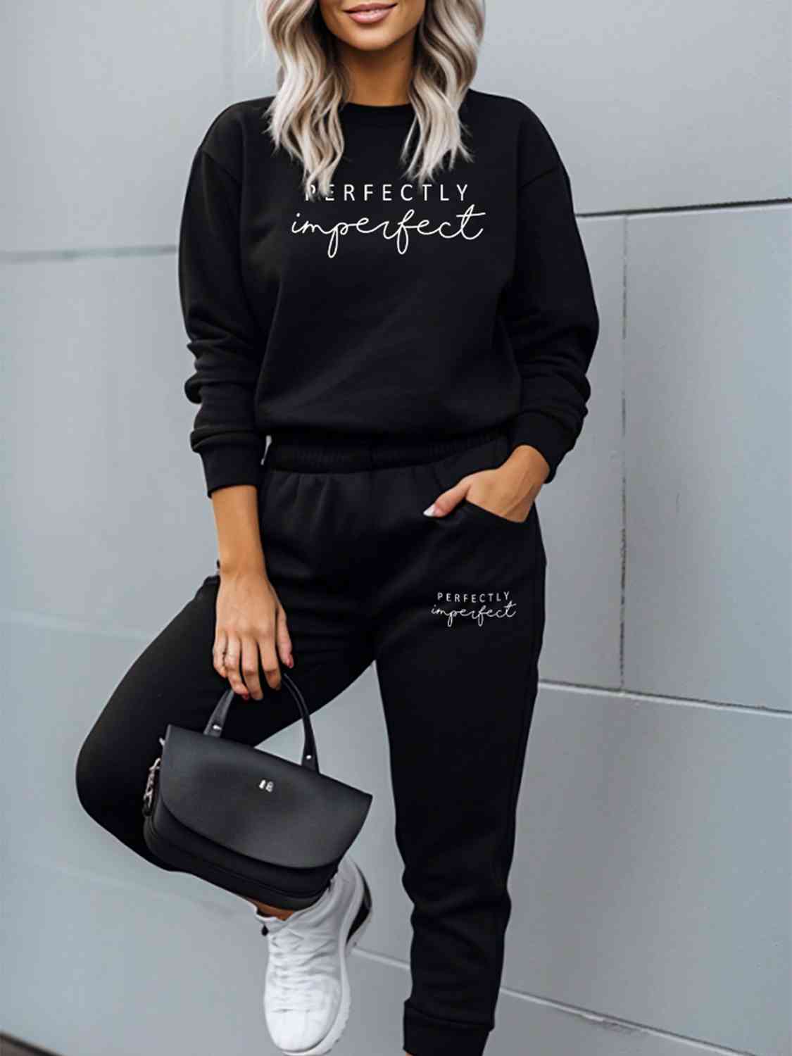 PERFECTLY IMPERFECT Graphic Sweatshirt and Sweatpants Set - Body By J'ne
