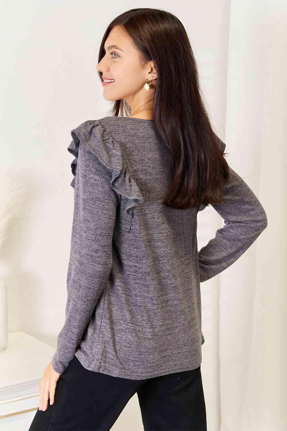 Square Neck Ruffle Shoulder Long Sleeve T-Shirt - Body By J'ne