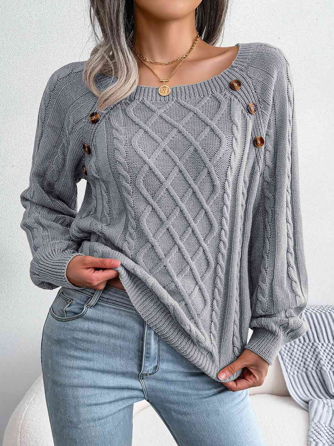 Fall Free Button Cable-Knit Sweater - Body By J'ne