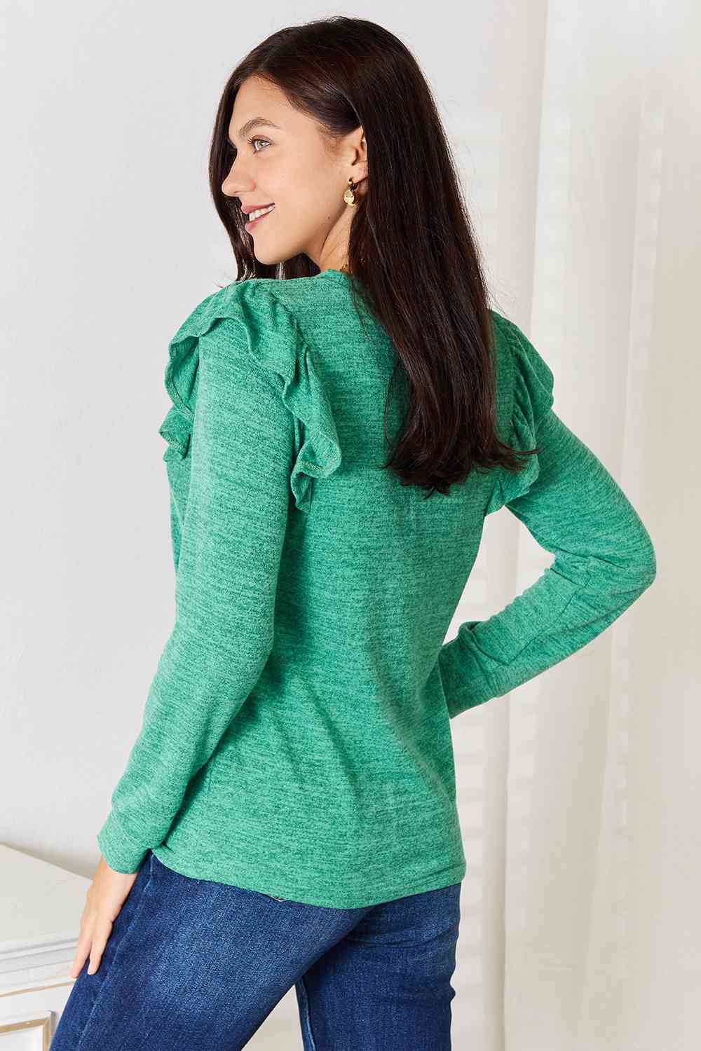 Ruffle Shoulder Long Sleeve T-Shirt - Body By J'ne