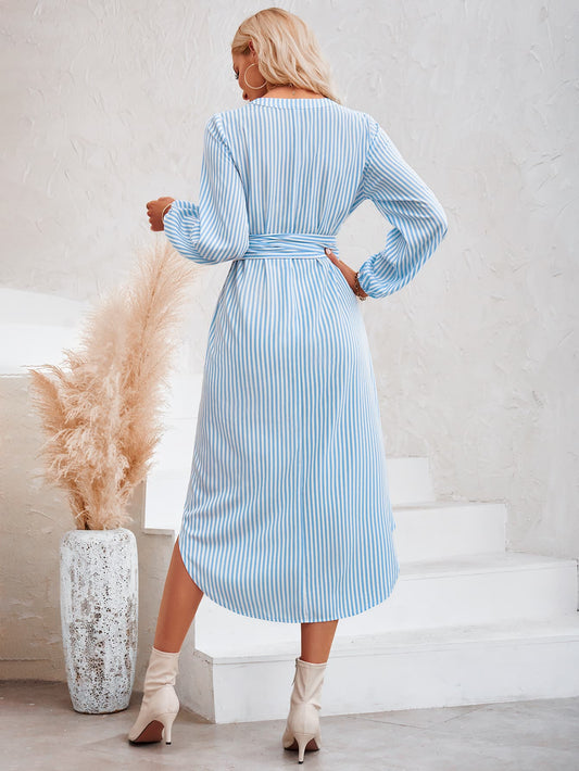 Striped Notched Neck Curved Hem Long Sleeve Dress - Body By J'ne