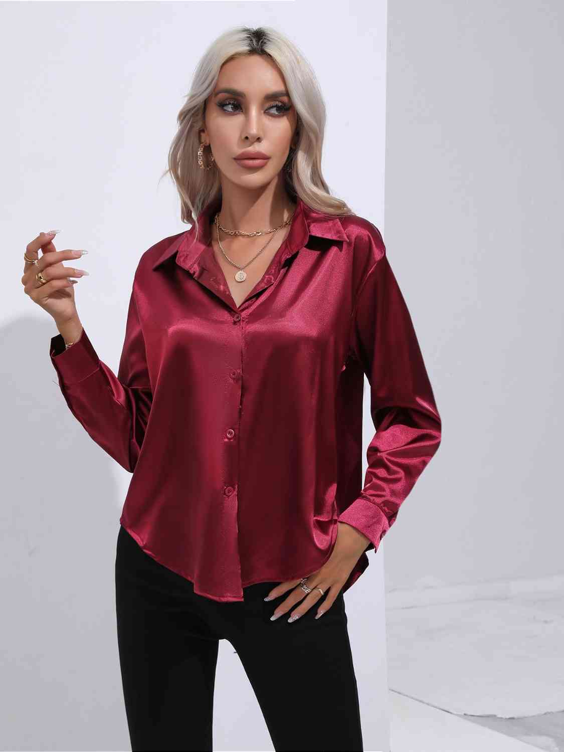 Collared Neck Buttoned Long Sleeve Shirt - Body By J'ne