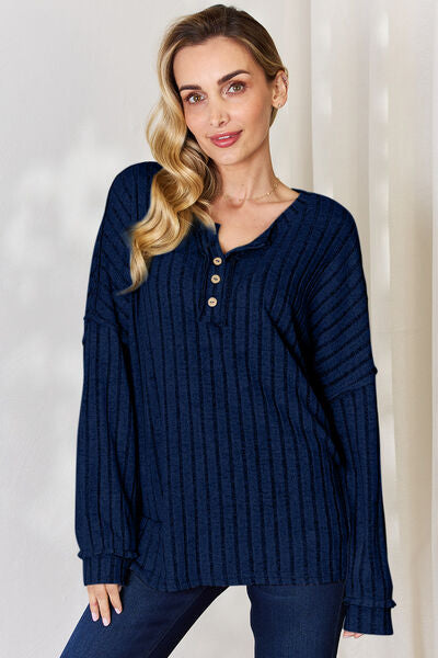 Full Size Ribbed Half Button Long Sleeve T-Shirt - Body By J'ne