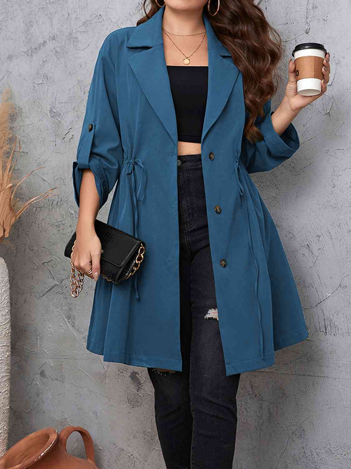 Plus Size Lapel Collar Drawstring Roll-Tab Sleeve Trench Coat - Body By J'ne