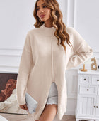 Exposed Seam Mock Neck Slit Sweater - Body By J'ne