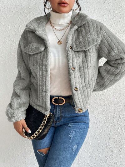 Fuzzy Button Up Collared Neck Jacket - Body By J'ne