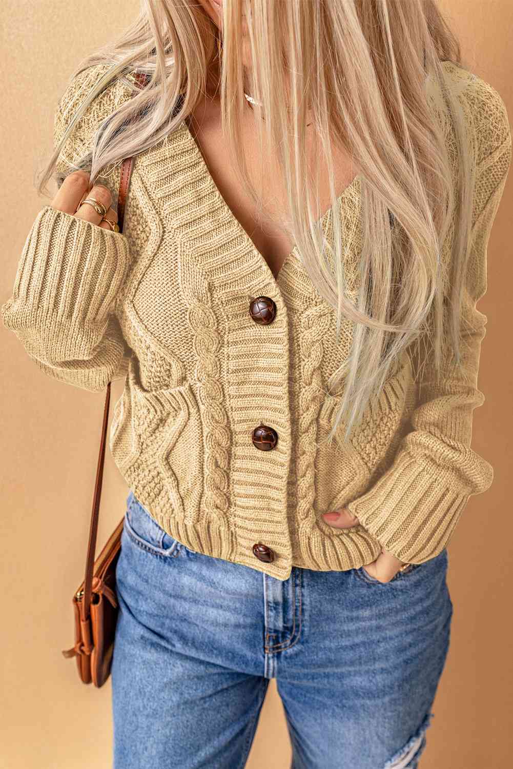 Mixed Knit Button Down Cardigan with Pockets - Body By J'ne