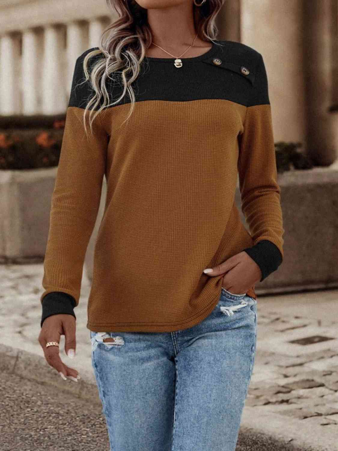 Contrast Buttoned Round Neck Long Sleeve T-Shirt - Body By J'ne