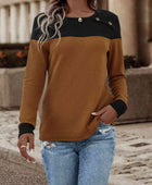 Contrast Buttoned Round Neck Long Sleeve T-Shirt - Body By J'ne