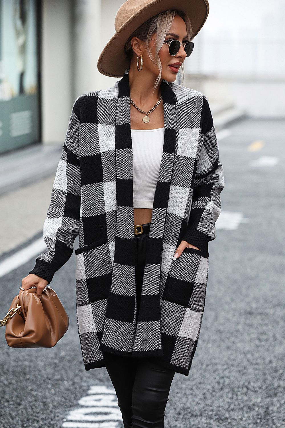 Plaid Dropped Shoulder Cardigan with Pocket - Body By J'ne