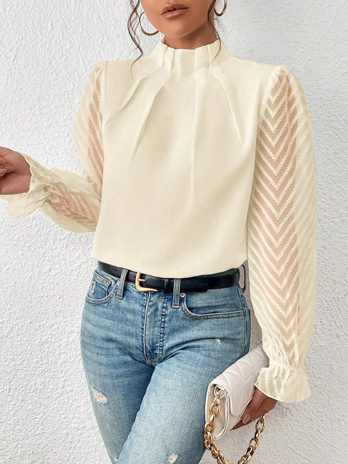 Mock Neck Flounce Sleeve Blouse - Body By J'ne