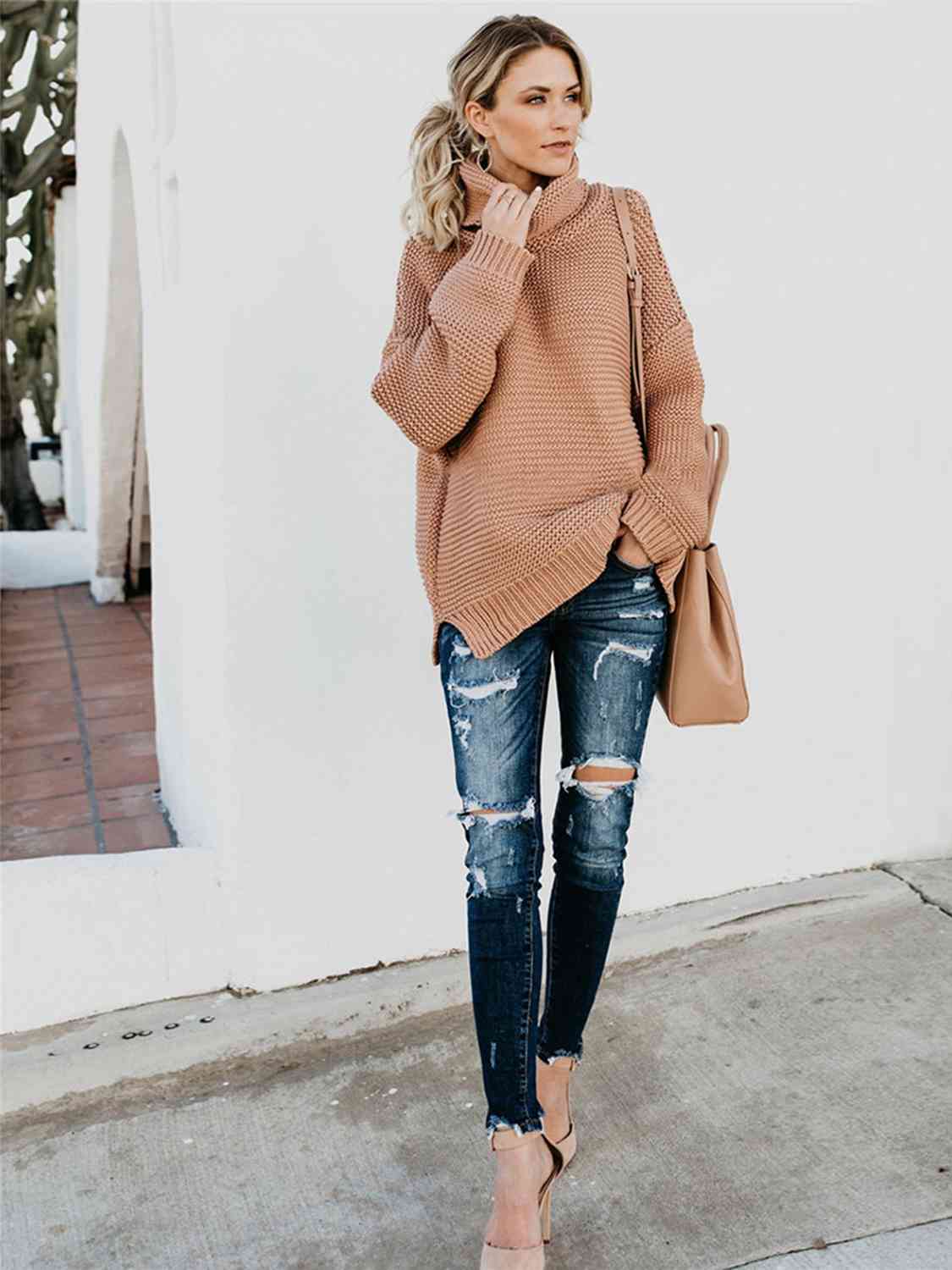 Turtleneck Dropped Shoulder Slit Sweater - Body By J'ne