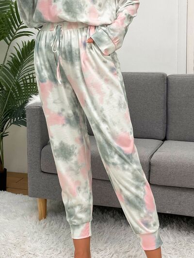 Tie-Dye Round Neck Top and Drawstring Pants Lounge Set - Body By J'ne