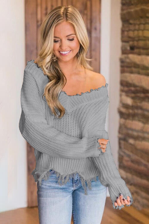 Frayed Hem Dropped Shoulder Sweater - Body By J'ne