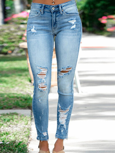 Distressed Buttoned Jeans with Pockets - Body By J'ne