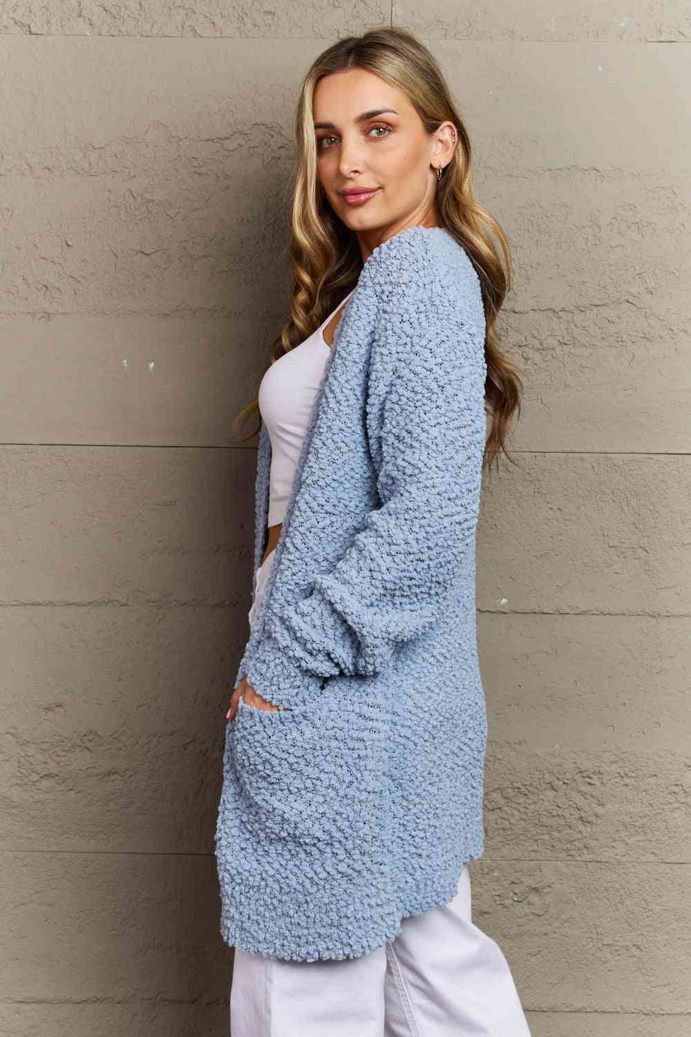 Falling For You Full Size Open Front Popcorn Cardigan - Body By J'ne