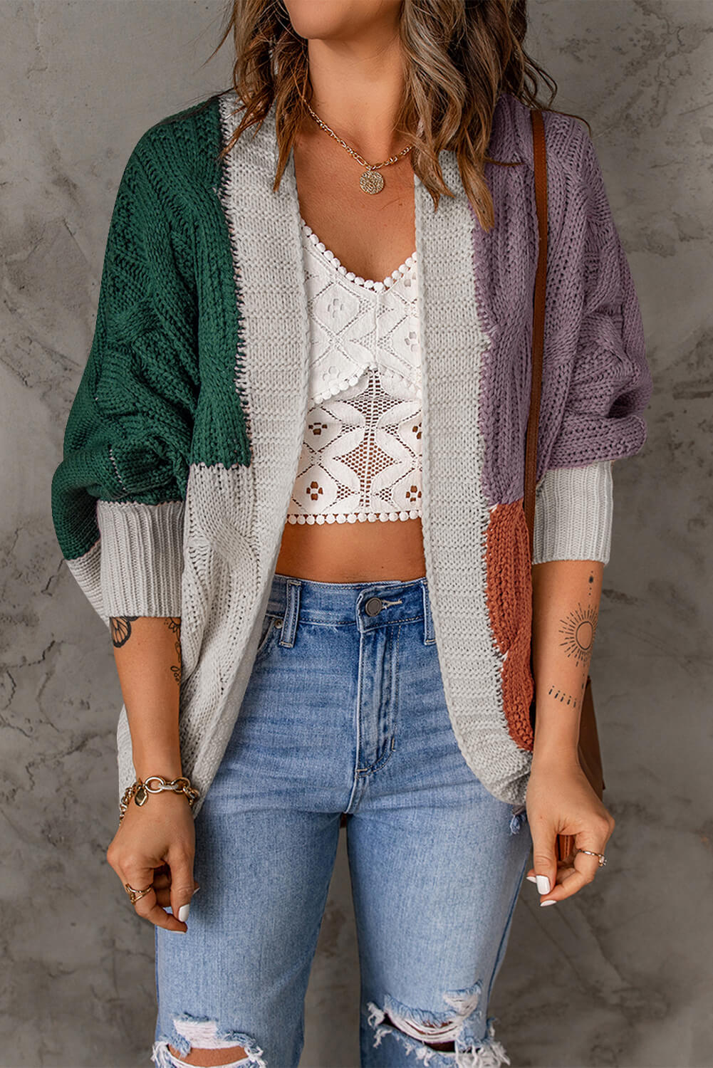 Color Block Cable-Knit Batwing Sleeve Cardigan - Body By J'ne