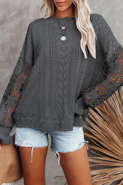 Openwork Lantern Sleeve Dropped Shoulder Sweater - Body By J'ne