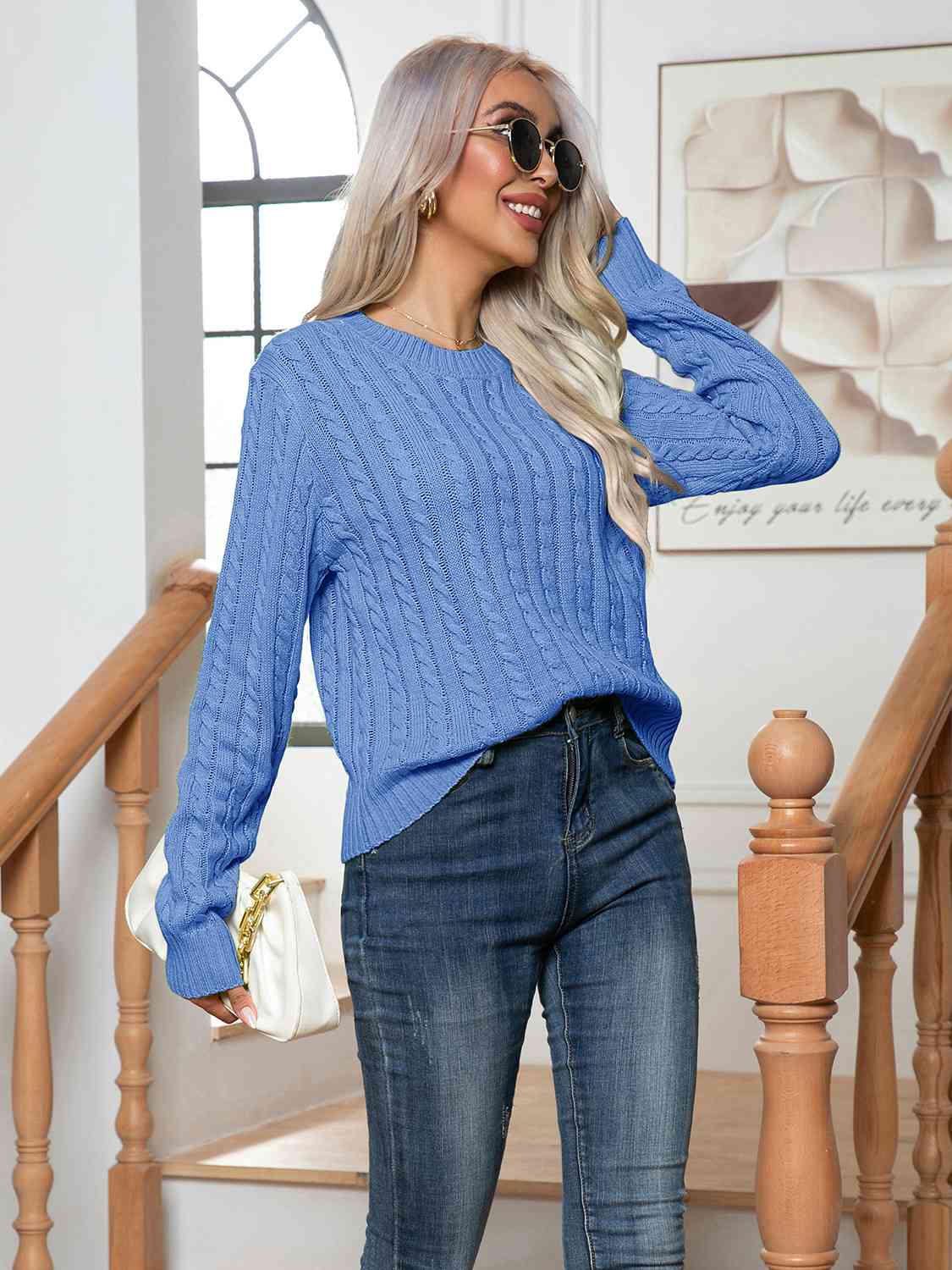 Cable-Knit Round Neck Long Sleeve Sweater - Body By J'ne