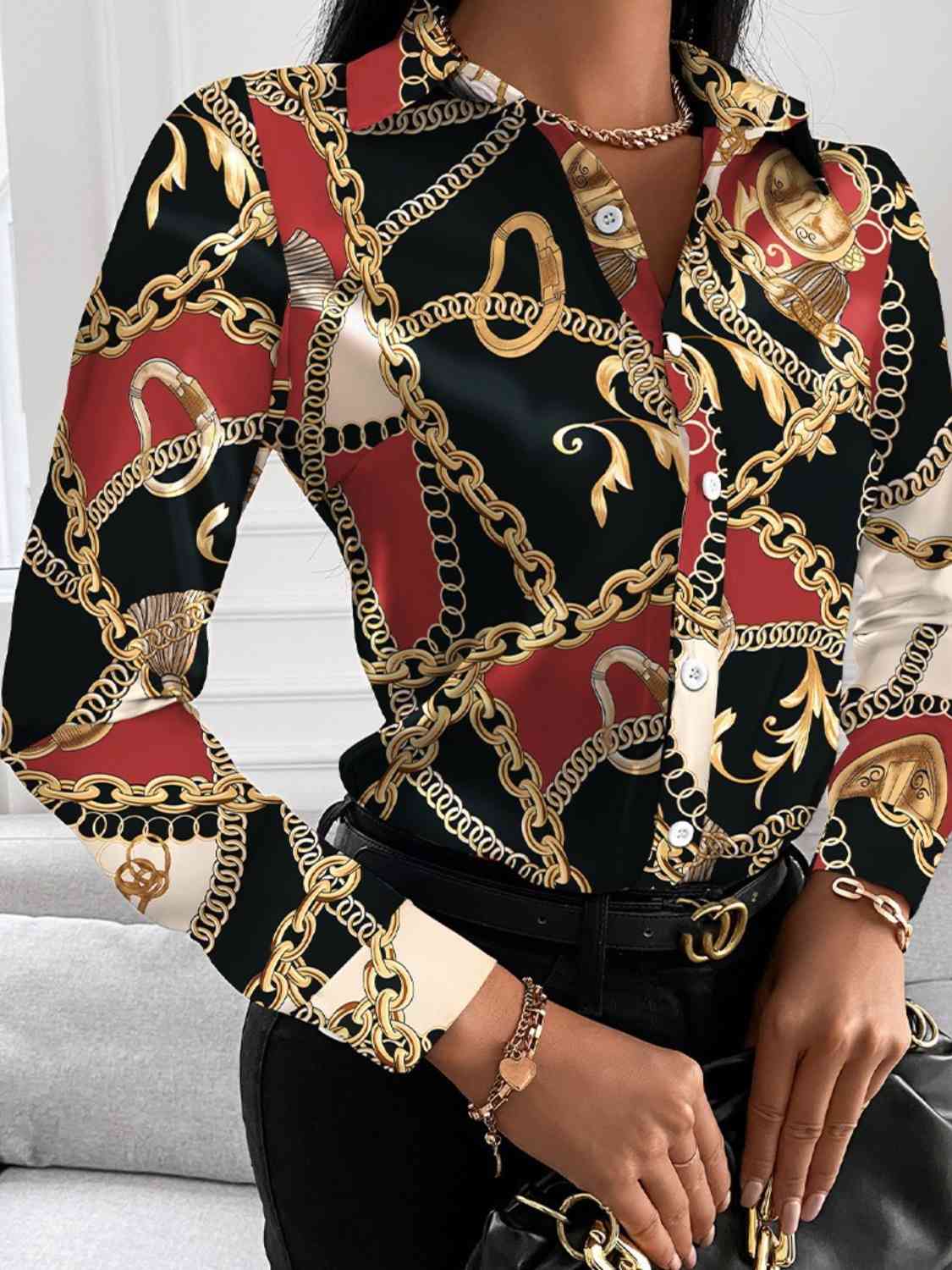 Printed Collared Neck Long Sleeve Shirt - Body By J'ne