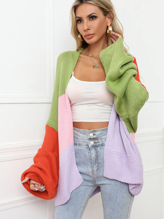 Color Block Open Front Balloon Sleeve Longline Cardigan - Body By J'ne