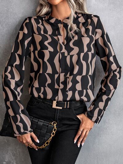 Printed Notched Long Sleeve Blouse - Body By J'ne