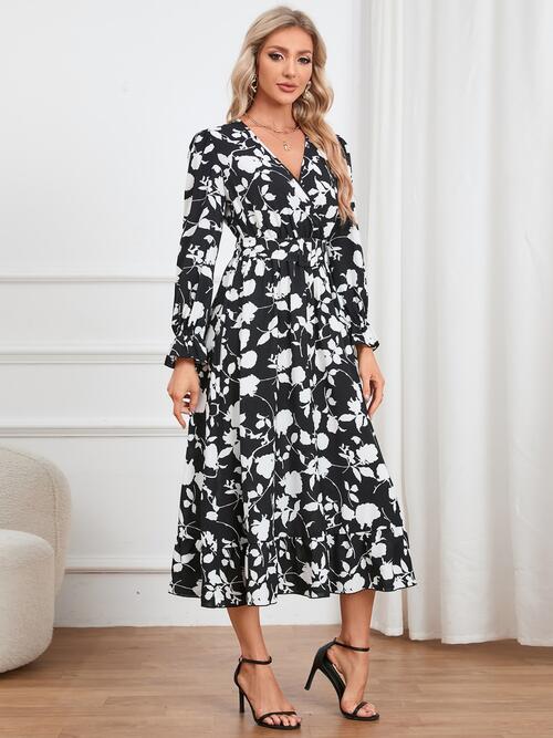 Floral Surplice Flounce Sleeve Ruffle Hem Dress - Body By J'ne
